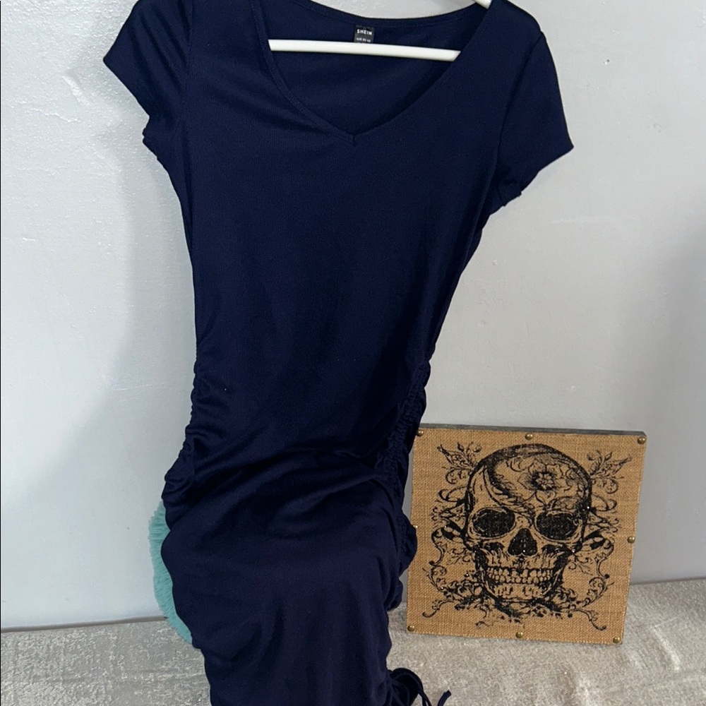 Shein Navy Blue Ribbed V Neck Dress adjustable length